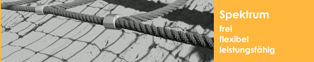 Verfremdetes SW-Foto von Seilen, daneben Schriftzug "Spektrum – frei, flexibel, leistungsfähig"
